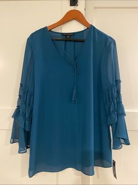 Zac & Rachel Teal V-Neck Tassel Sleeve Blouse